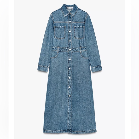 NWT Zara Denim Blue Button Front Long sleeves Maxi Dress Size S - Picture 6 of 17